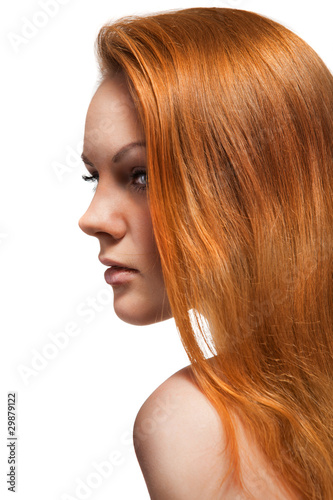 Portrait of red hair beautiful woman on white