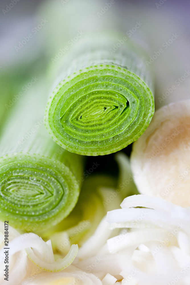 Chopped leek on a board, macro Chopped leek on a board, macro
