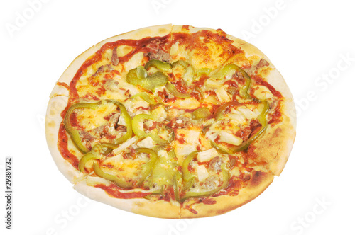 Pizza with cheese, meat, pepper and ketchup