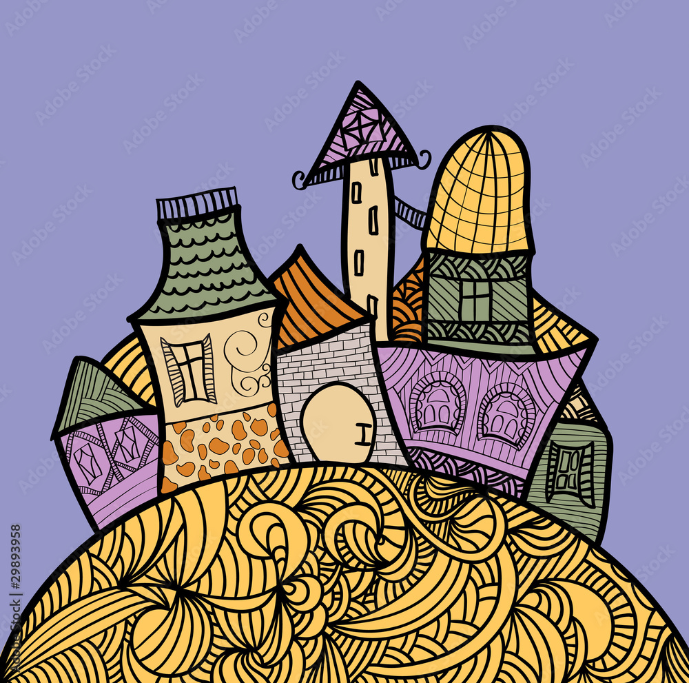 hand drawn illustration with fairy doddle town