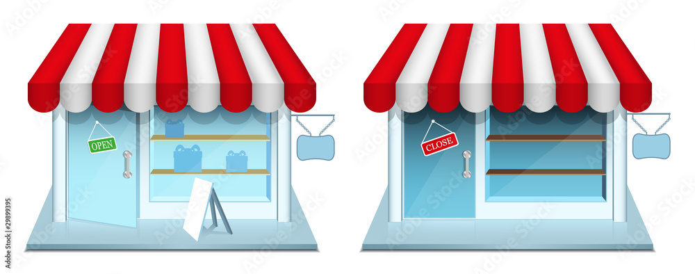 Shop with closed and open door. Vector Icons. Shop with closed and open door. Vector Icons.