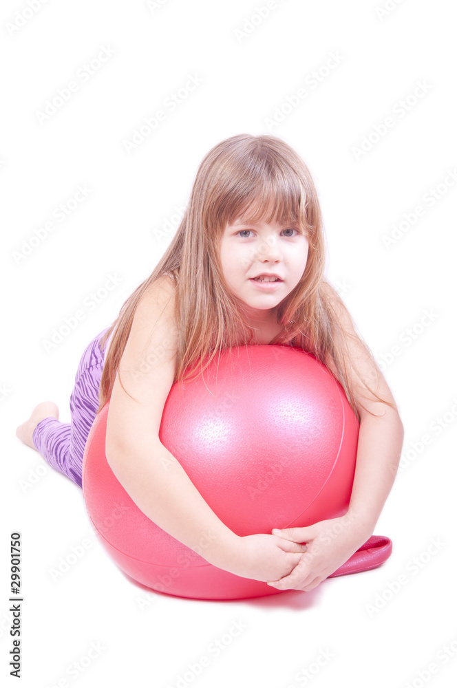 Girl exercise with a red ball isolated on white Girl exercise with a red ball isolated on white