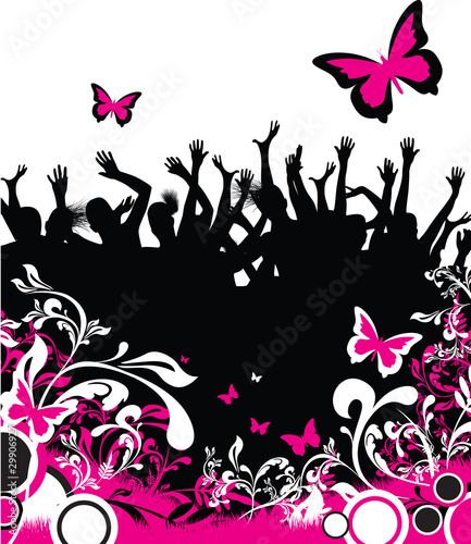 dancing and jumping people on a floral background