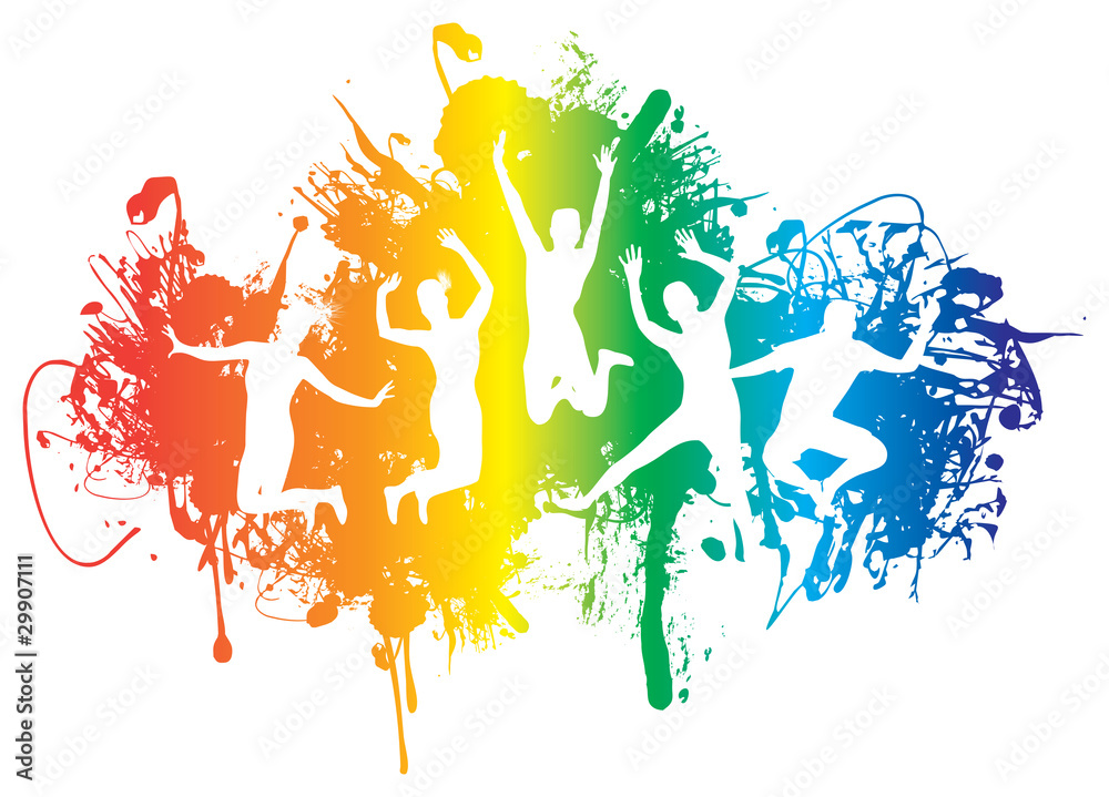jumping people on a ink splat rainbow