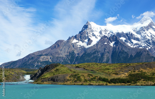 Wallpaper Mural Scenic view of Pehoe lake and Salto Grande waterfall in Torres d Torontodigital.ca