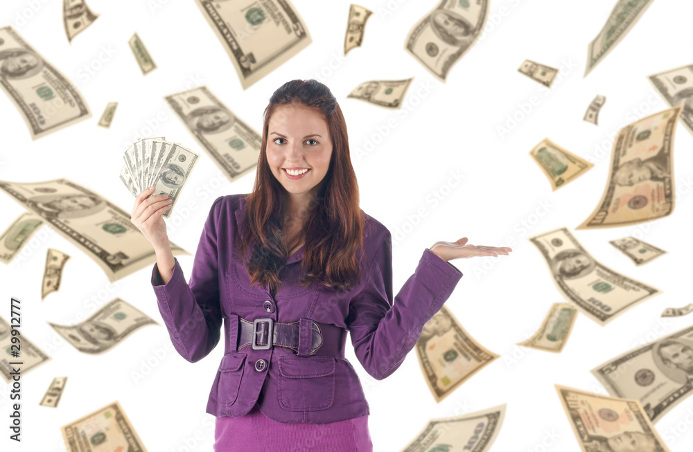 Presenting things. Businesswoman on dollars background Presenting things. Businesswoman on dollars background