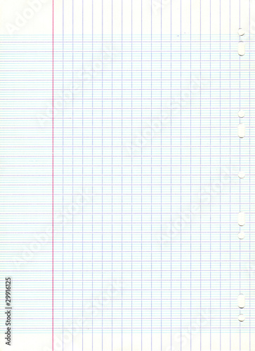 Tableau sur toile Feuille de papier blanche de classeur pour l'école quadrillée et perforée