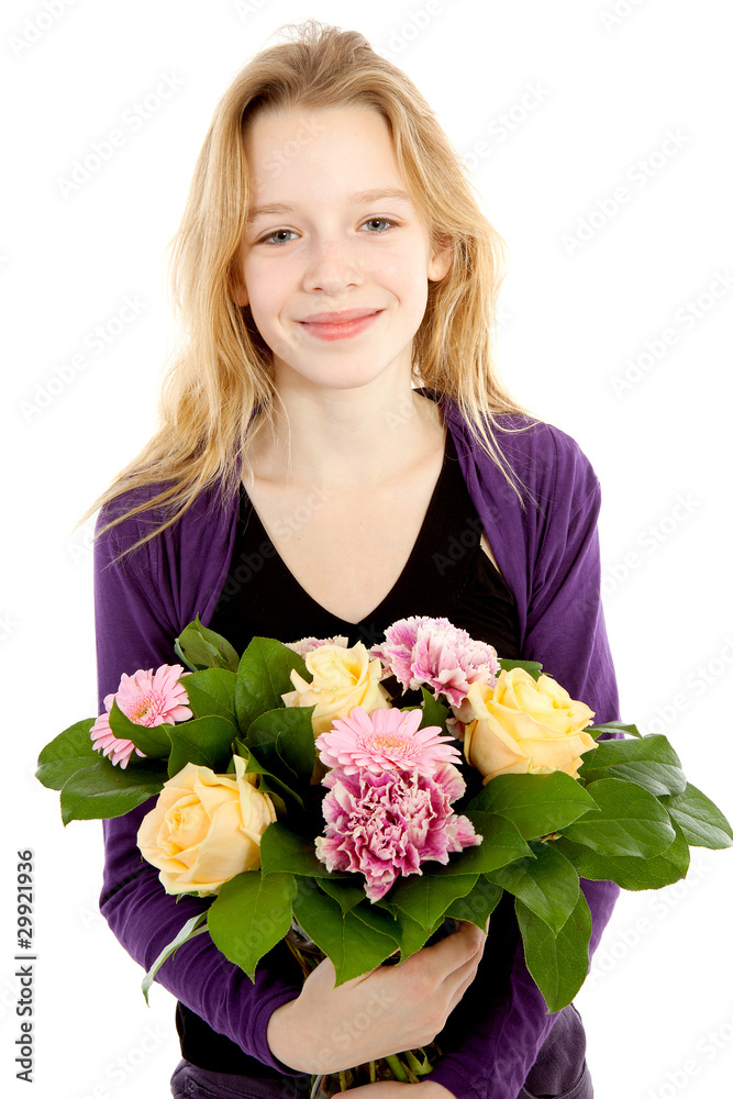 young girl with bouquet of flowers over white background young girl with bouquet of flowers over white background