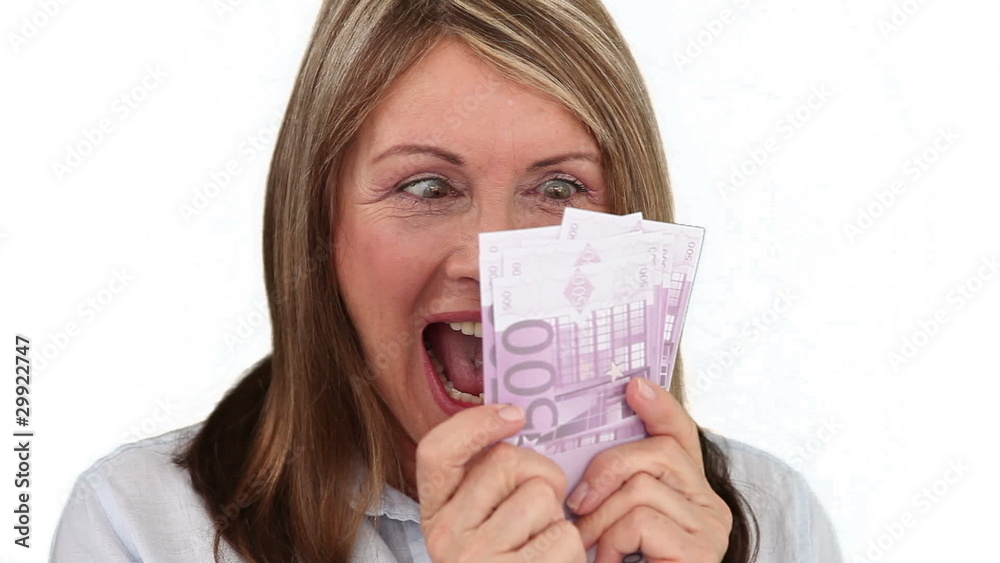 Elderly woman is in love of her money Elderly woman is in love of her money