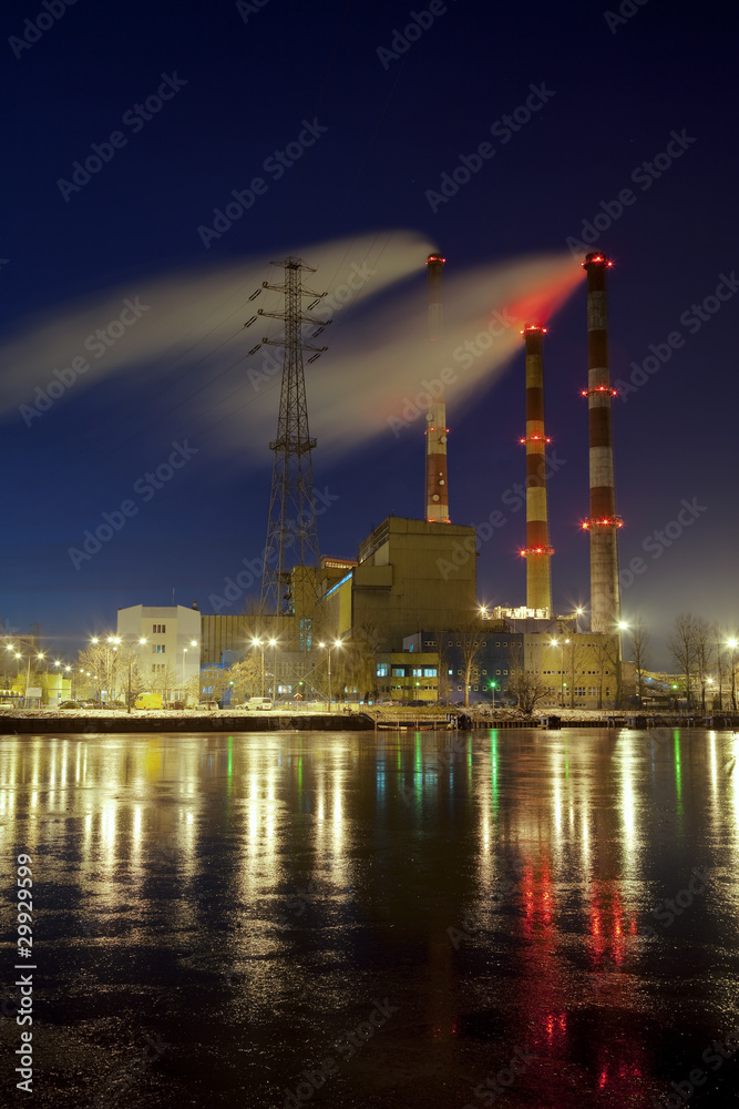 Fototapeta premium Industrial landscape. Heat station and the river.