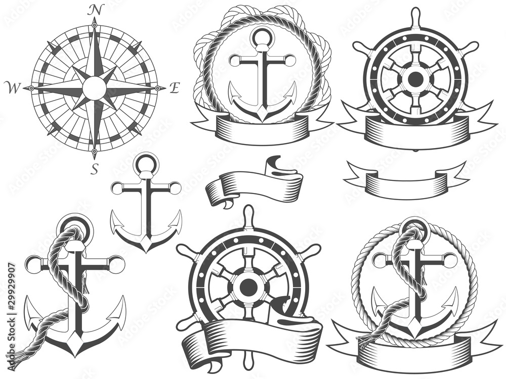 Obraz premium Nautical emblems with different seafaring design elements
