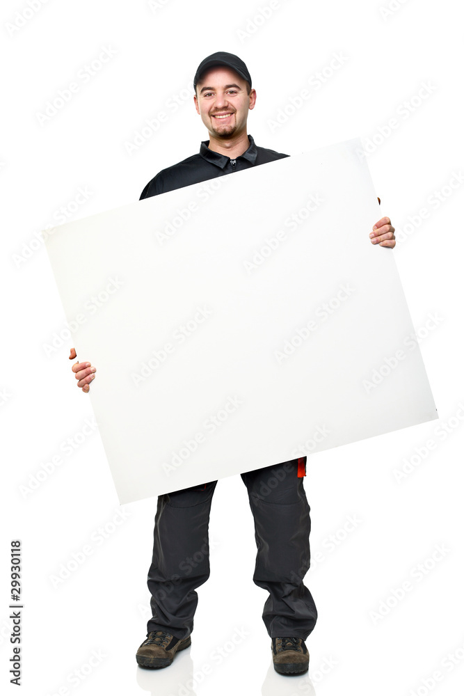 smiling worker with board smiling worker with board