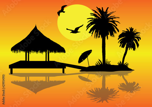 Illustration of island with palms and hut