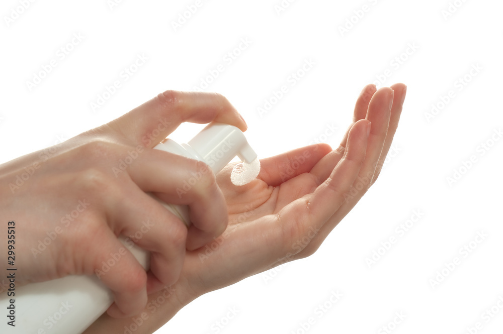 Woman Applying Liquid Soap On Hand. Woman Applying Liquid Soap On Hand.