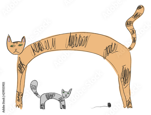 Two cats in the style of children's drawings.