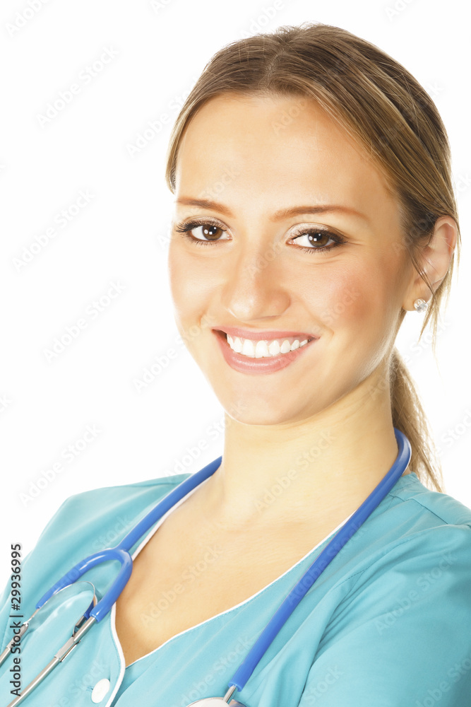 Young female doctor smiling, isolated on a white background Young female doctor smiling, isolated on a white background