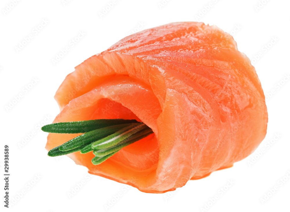 Red salmon roll with rosemary twig Red salmon roll with rosemary twig