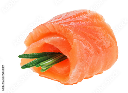 Red salmon roll with rosemary twig