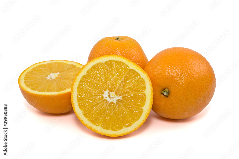 Ripe orange fruits, isolated on white background Ripe orange fruits, isolated on white background