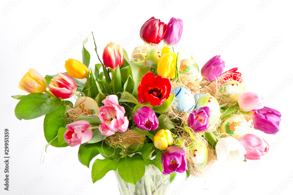 Obraz premium Multicolor fresh spring tulips with easter eggs