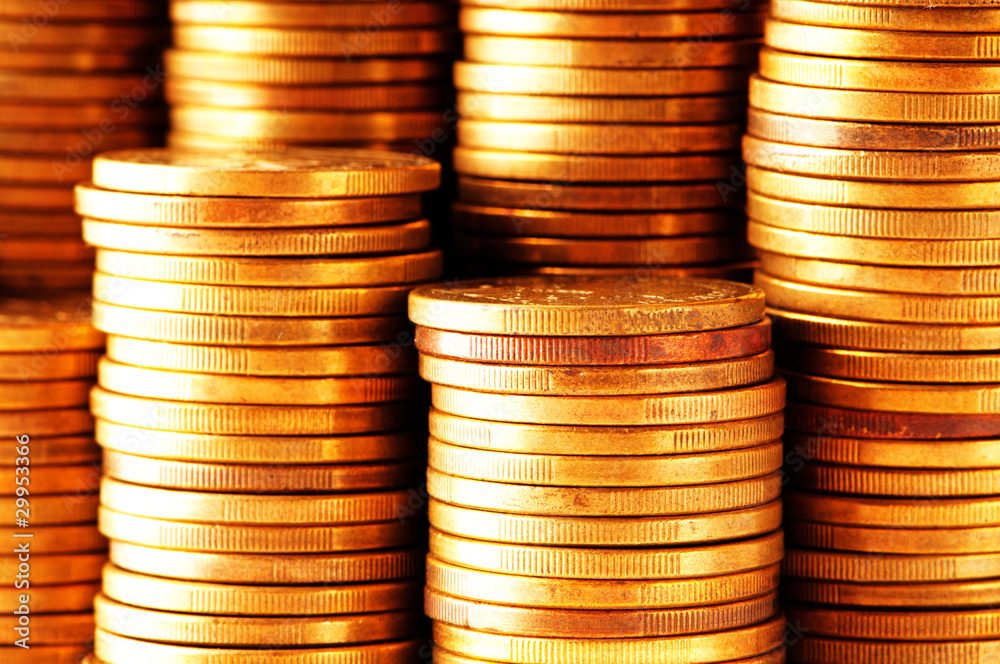Close up of the golden coin stacks Close up of the golden coin stacks