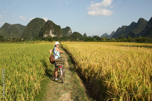 Girl Cycling in China country , rice fields of Yangshou