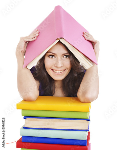 Girl with stack color book .