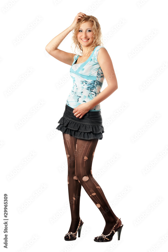 Smiling pretty young blonde in torn pantyhose Smiling pretty young blonde in torn pantyhose