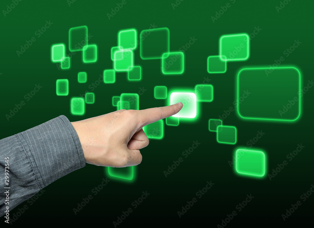 hand pushing a button on a touch screen interface hand pushing a button on a touch screen interface