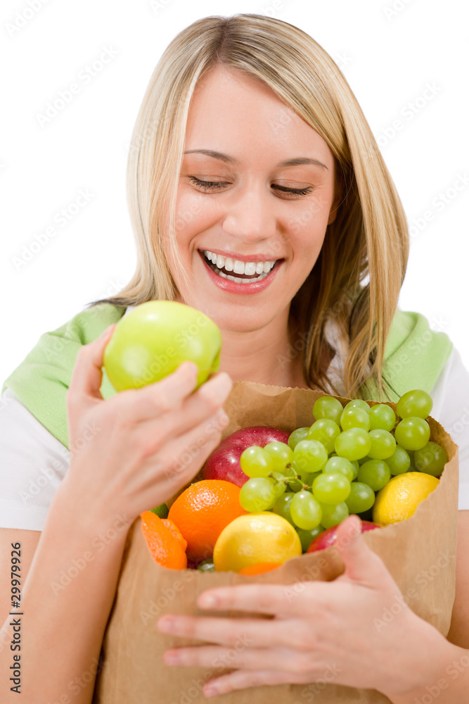 Healthy lifestyle - woman with fruit shopping paper bag Healthy lifestyle - woman with fruit shopping paper bag