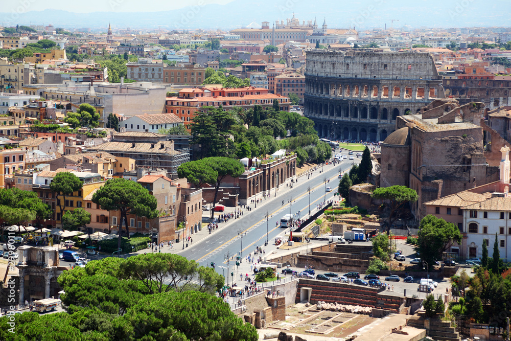 Color panoramic view Rome, Colosseum, catholic basilics