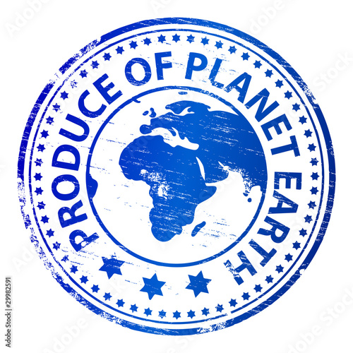 Rubber stamp illustration showing "PRODUCE OF PLANET EARTH" text