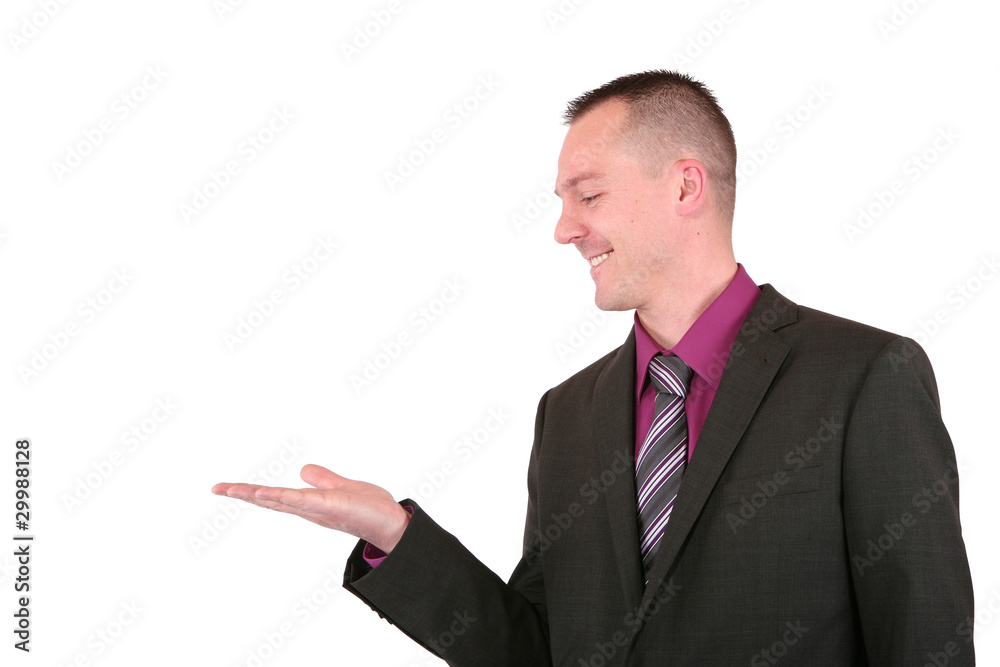 Businessman presenting something with a smile Businessman presenting something with a smile