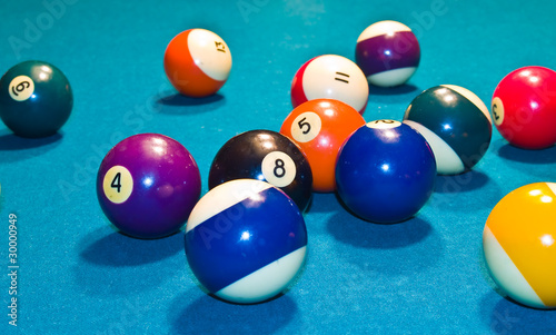 Billiards balls with motion on a green pool table