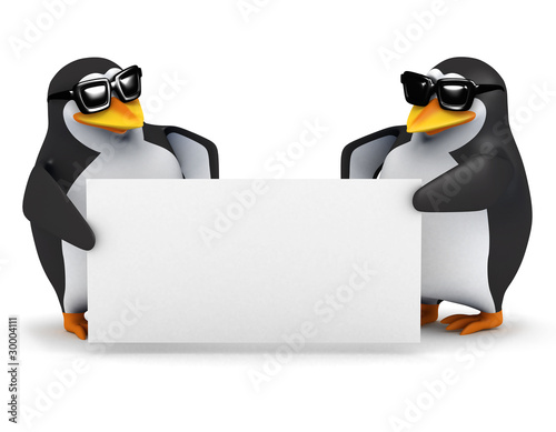 3d Penguins hold up a blank sign for you