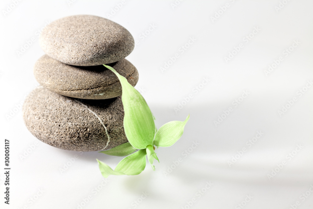 Sea pebble and bamboo over neutral grey background Sea pebble and bamboo over neutral grey background