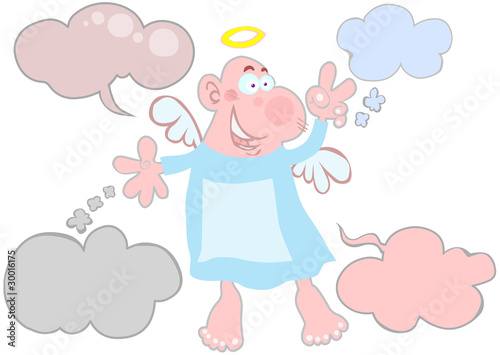 Cartoon angel with clouds-bubbles.