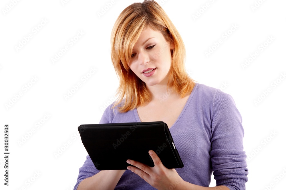 woman with tablet-pc (white background)