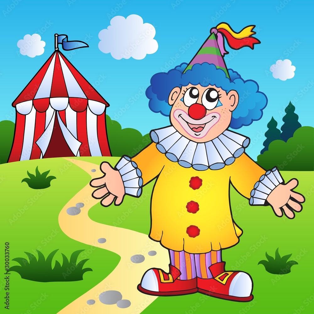 Obraz premium Cartoon clown with circus tent