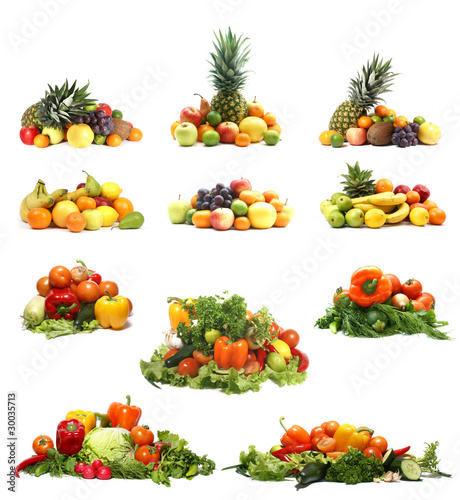 A collage of fresh and tasty fruits on a white background