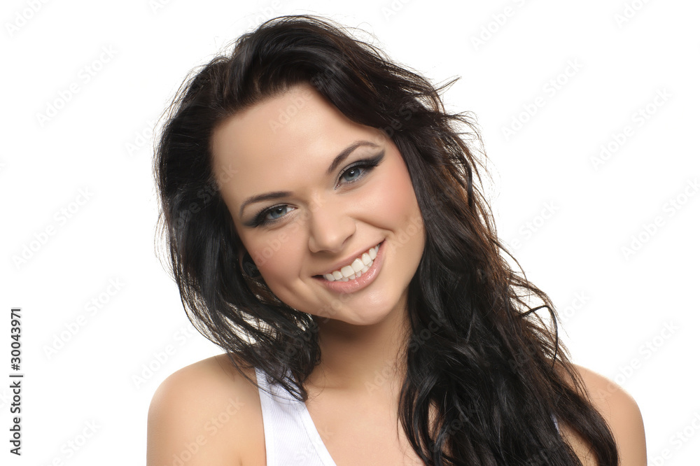 Portrait of a young and emotional brunette woman on white Portrait of a young and emotional brunette woman on white
