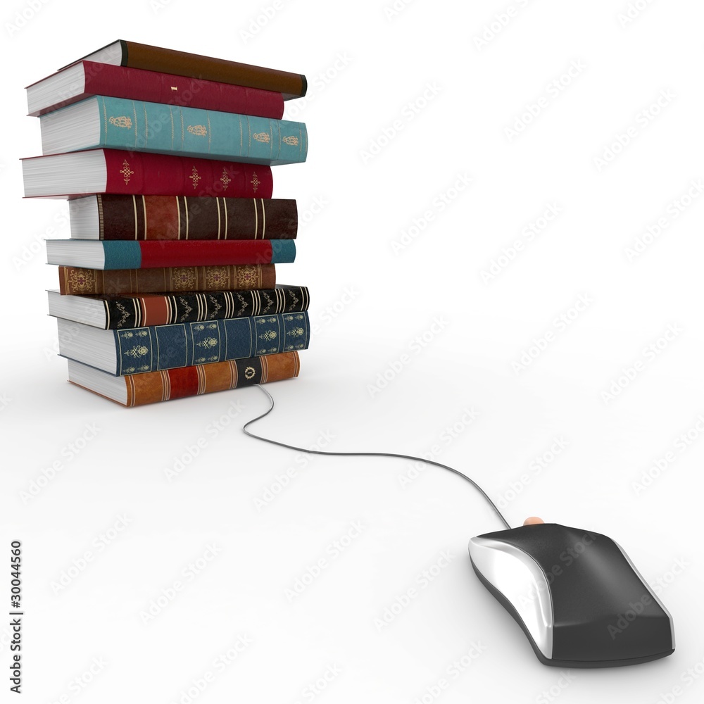 3d books and mouse e-learning concept 3d books and mouse e-learning concept