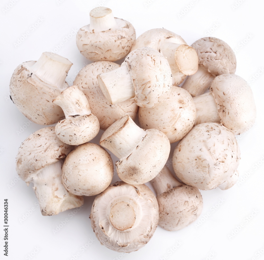 Handful of champignons on a white background Handful of champignons on a white background