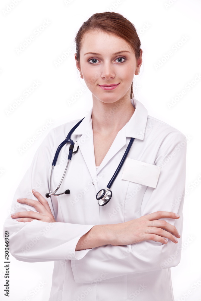 Portrait of positive young doctor (woman). Isolated on a white b Portrait of positive young doctor (woman). Isolated on a white b