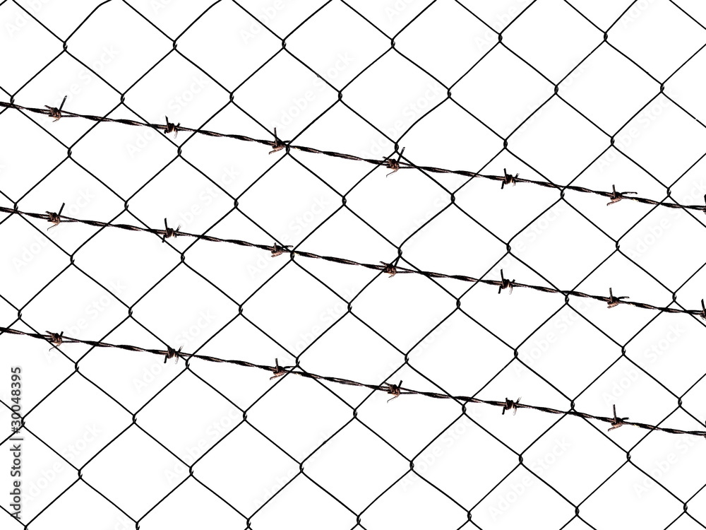 Metal barbed wire fence protection isolated on white Metal barbed wire fence protection isolated on white