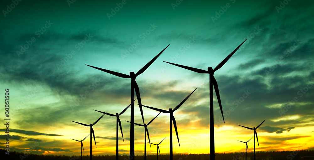 Wind turbines silhouette at sunset - obrazy, fototapety, plakaty 