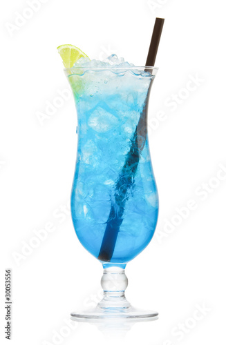 Blue Hawaiian cocktail over white background.