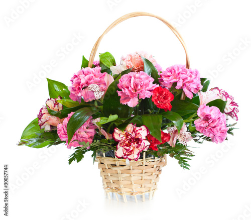 Fototapeta Naklejka Na Ścianę i Meble -  Bright flower bouquet in basket isolated ower white background