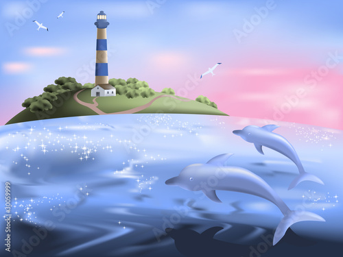 Seascape with dolphins at sunrise