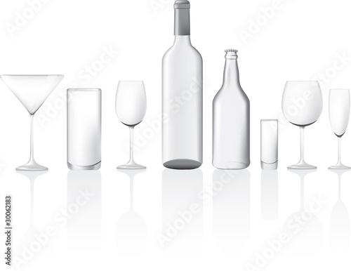 illustration set of clear glass empty bottles and glasses